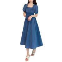 Vestido de verano para mujer, fruncido plisado, cuello cuadrado, manga corta, manga de burbuja, vestido de mujer de Color sólido, vestido Midi con dobladillo suelto - details 17