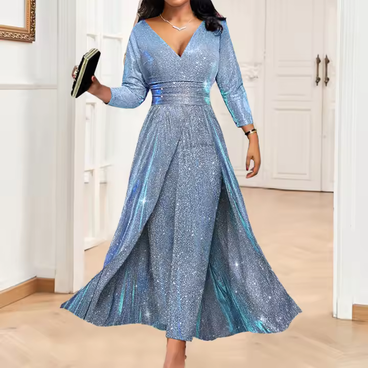 Vestido de manga larga con cuello en V y lentejuelas para mujer, mono con dobladillo grande - 1