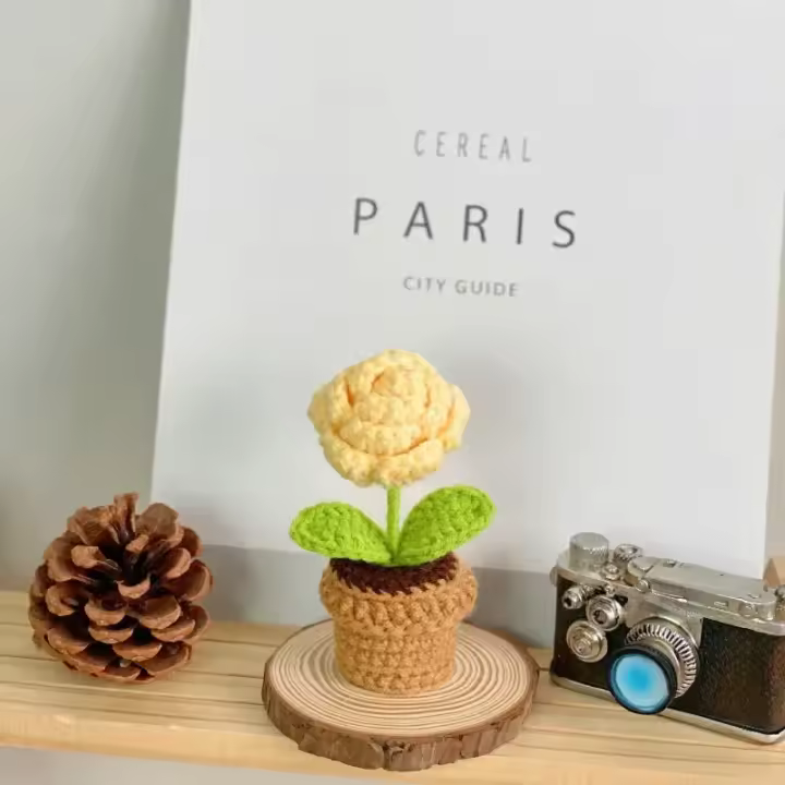 Plantas en macetas tejidas a mano, rosa, girasol, tulipán, flor de ganchillo, accesorios de Interior de coche, adornos de decoración - 1