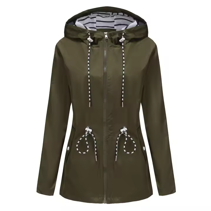 Camiseta impermeable con capucha a rayas de manga larga para mujer, longitud media - 1