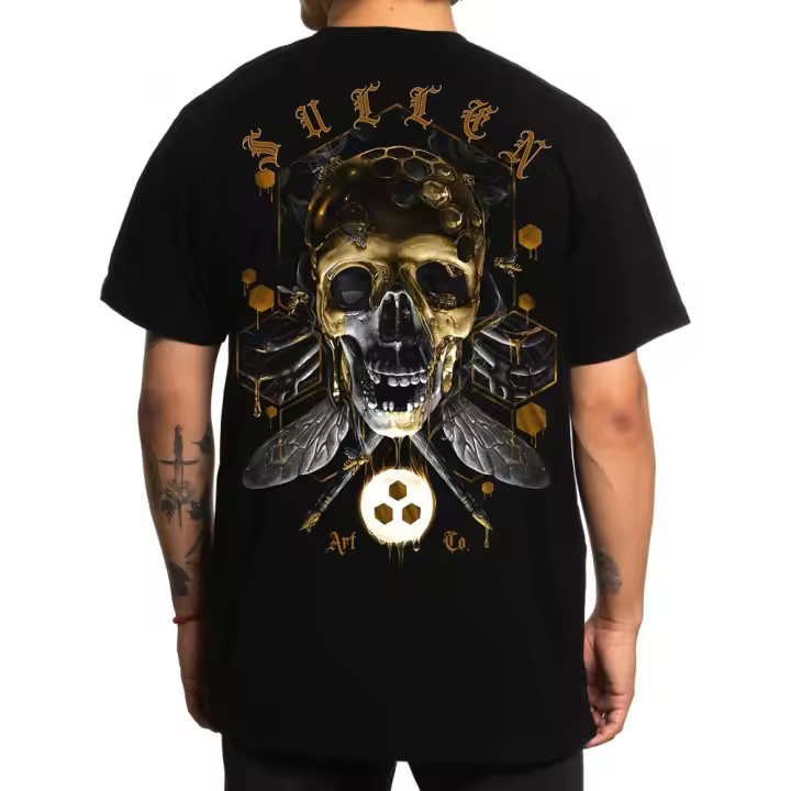 Sullen Camiseta de manga corta para hombre, cuello redondo en negro con diseño de calavera dorada y gris, comodidad para todas las estaciones - 1