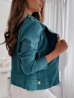 Chaqueta de Cuero de Moto Asimétrica con Cremallera Ropa de Exterior de Moda para Mujeres en Otoño e Invierno Ajuste Delgado, Color Sólido, Estilo Motero - details 1