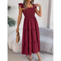 Elegante vestido largo de verano para mujer en color liso con escote cuadrado y aros decorativos, sin mangas, corte ajustado. - details 24