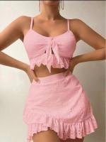 Conjunto de Bikini liso para mujer, bañador Sexy de malla de cintura alta, estilo playero, traje de baño de 3 piezas con volantes para verano, 2023 - details 12