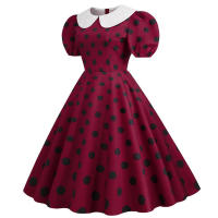 Vestido midi elegante de fiesta con cuello Peter Pan, lunares y mangas cortas abullonadas para mujer, ideal para el verano. - details 20