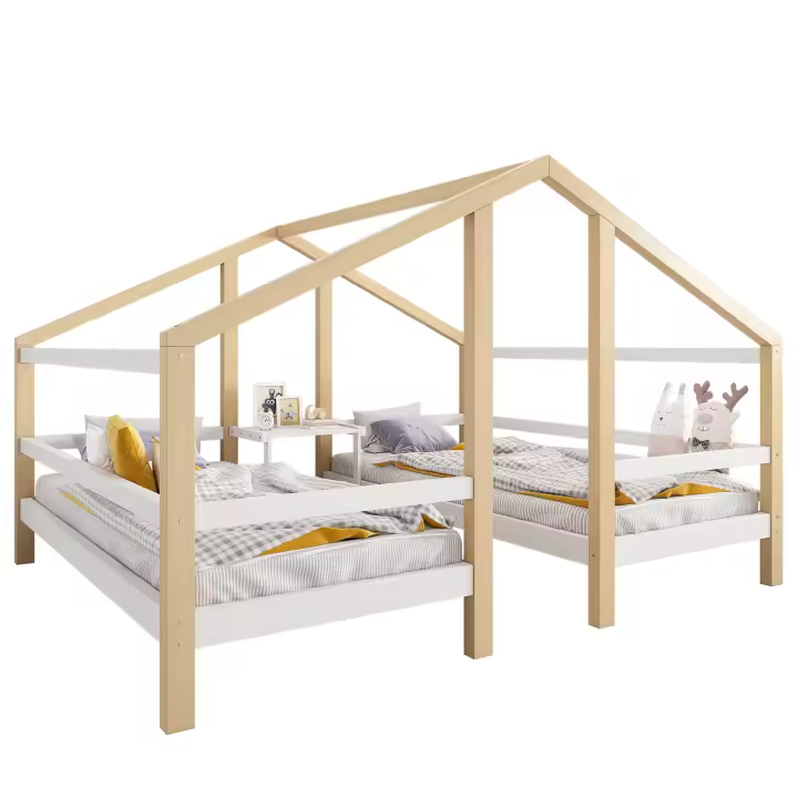 Cama de Niños Individuales bajo un Techo Compartido Diseño de Cama de Ocio con Mesita de Noche y Somier Blanco y Natural - 1