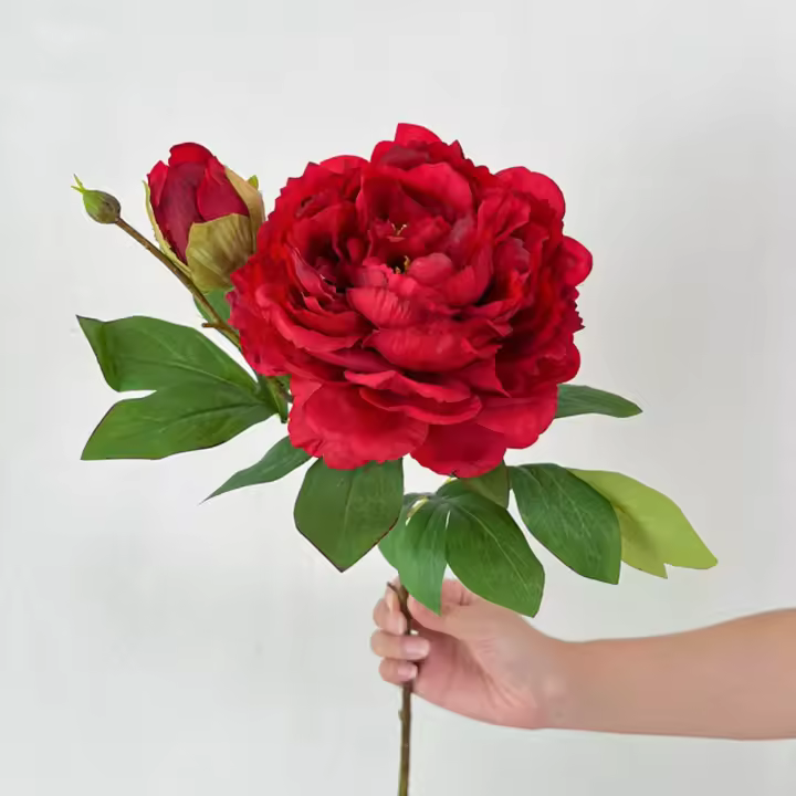 2 cabezas de peonía, flor Artificial, peonía, seda, plástico, hojas verdes, flores realistas, arreglo Floral Multicolor - 1