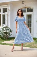 Vestido de manga corta fruncido con cuello cuadrado y espalda descubierta a la moda para mujer - details 21