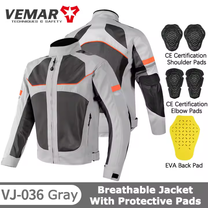 Chaqueta de Moto Transpirable VEMAR Anti-caída, Resistente al Desgaste, Tejido Reflectante con Almohadillas Protectoras CE Cierre de Cremallera Estilo Redondo Tallas S-4XL - 1