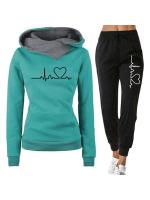 Conjunto De Ropa De Mujer Con Capucha Doble Y Estampado De Corazón 2 Piezas Camiseta De Manga Larga Y Pantalones Casuales Para Otoño E Invierno - details 2