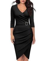 Vestido corto elegante de otoño para mujer, abrigo ajustado de manga larga con cuello en V, vestidos lisos de uso diario para mujer OL - details 6