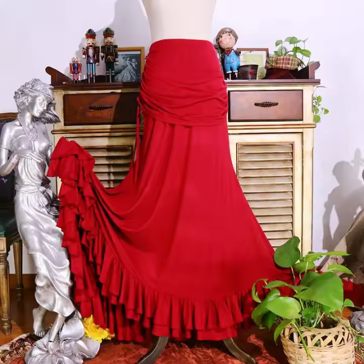 Flamenco Vestido de baile de hojas triangulares rojo envuelto cadera con dos lados hinchados - 1
