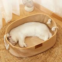 Cama de ratán tejida a mano con forma ovalada para mascotas, cesta de algodón con cuerda para rascar, estilo japonés, ideal para el verano - details 3