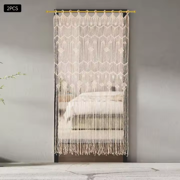 Cortinas de macramé tejidas a mano, divisor de habitación colgante de 2 paneles, cortinas bohemias decorativas para armario y pared - 1