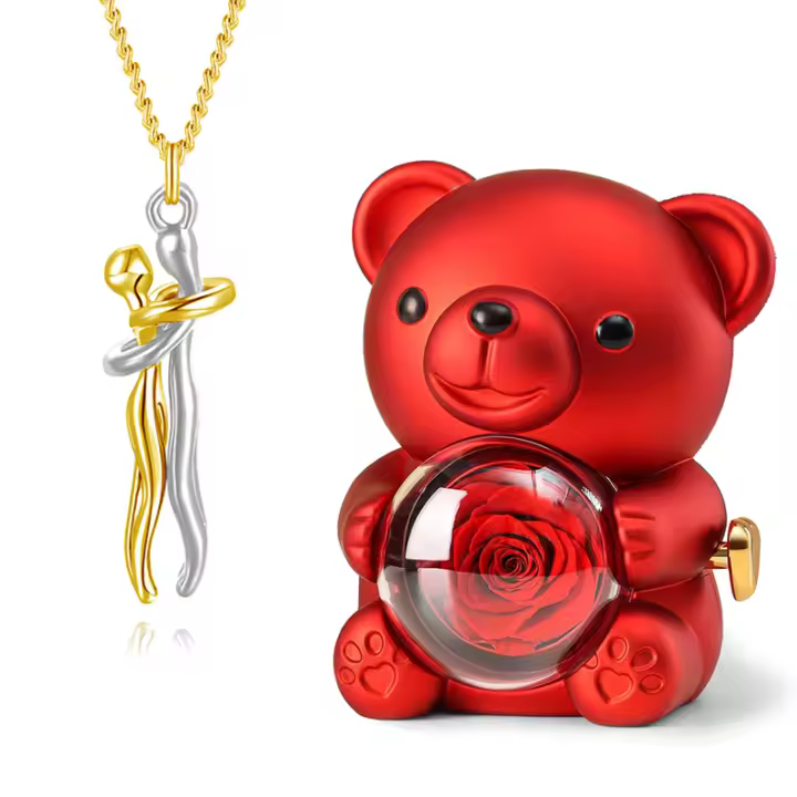 Regalo Creativo de Rosa – Oso de Rosa Giratorio 360° con Collar Colgante de Abrazo para Navidad y San Valentín - 1