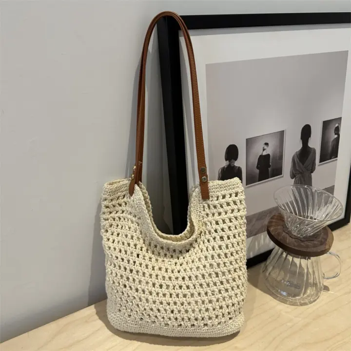 Bolso tejido de hilo de algodón ahuecado a la moda, bolso de mano, bolso de playa, bolso de playa, bolso de cubo de estilo bohemio, bolso de hombro hueco para niñas - 1