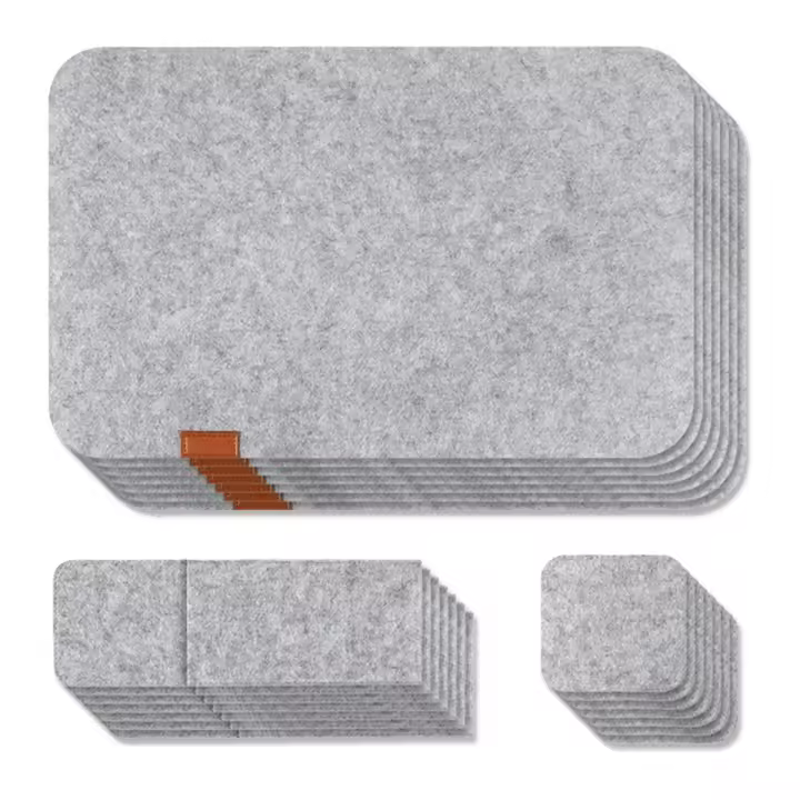 Juego de manteles individuales de fieltro lavables, tapetes de mesa de vidrio, cuchillo, tenedor, posavasos, bolsas de cubiertos, almohadillas aislantes, gris claro, 7 unidades - 1