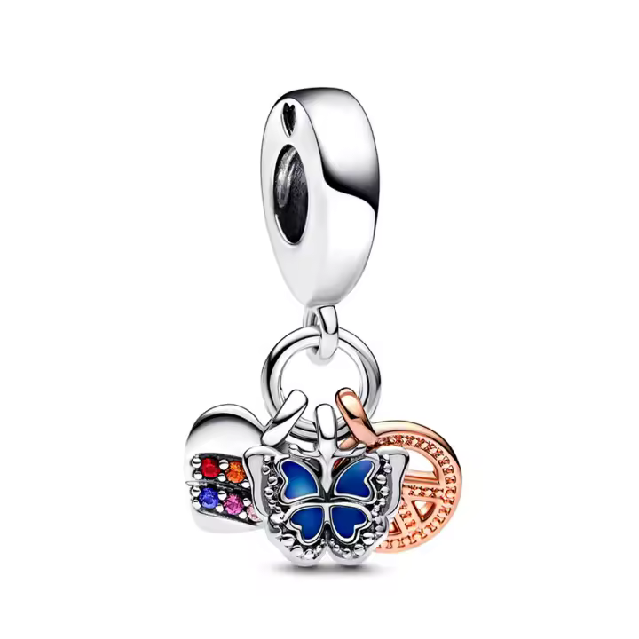 Pulsera Original de Plata 925 con Corazón Arcoíris y Mariposa en Dos Tones Joyería de Fabricación Artesanal - 1
