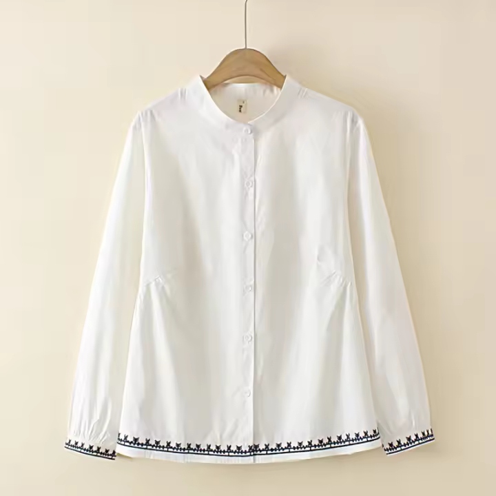 Tops de algodón con cuello levantado para mujer, blusas holgadas de manga larga con dobladillo bordado, ropa curva, talla grande, 4XL, primavera - 1