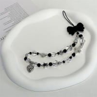 Cadena de teléfono con cuentas de estrella y flor transparente con lazo negro bonito coreano, cordón colgante de corazón de amor plateado para iPhone, cuerda colgante antipérdida - details 4