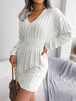 Knitted Sweater Dress For Women  Autumn Winter Long Sleeve Slim Waist Knitwear Clothes White Blue Khaki - details 8