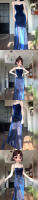 Collar con tirantes de seda brillante azul francés elegante de gran tamaño para reunión anual, falda de cola de pez ligera de lujo, vestido de noche - details 2