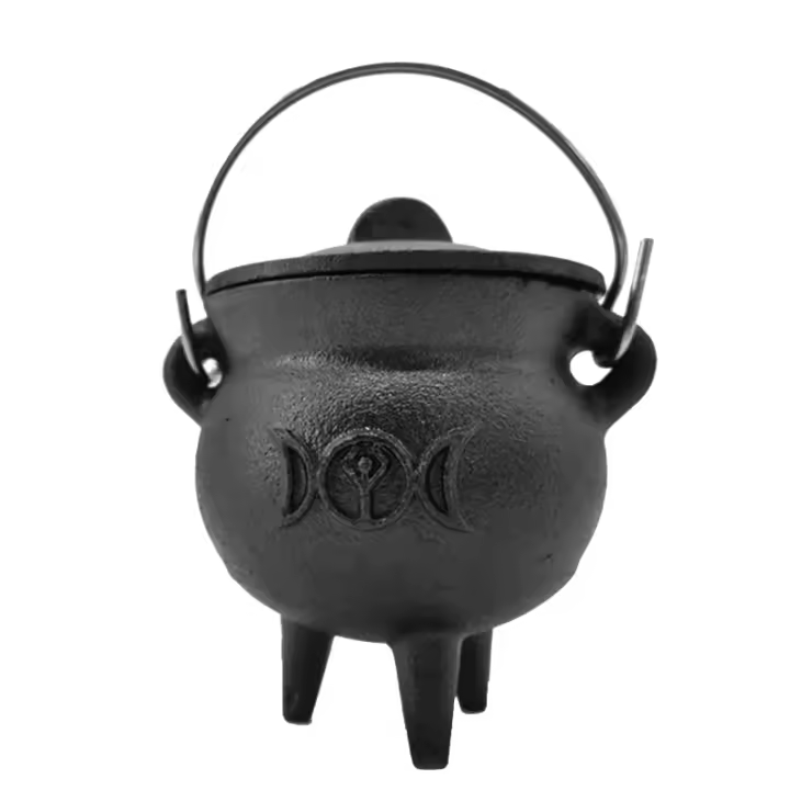 Caldero de hierro con tapa y mango, olla de bruja de fase lunar, olla para quemar incienso para hechizos, manchas, bendiciones rituales, 1 Uds. - 1