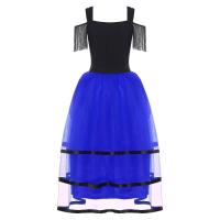 Vestido español mujer, vestidos baile Flamenco, mangas frías, vestido largo tul con bloques Color para bailar, disfraz fiesta - details 18