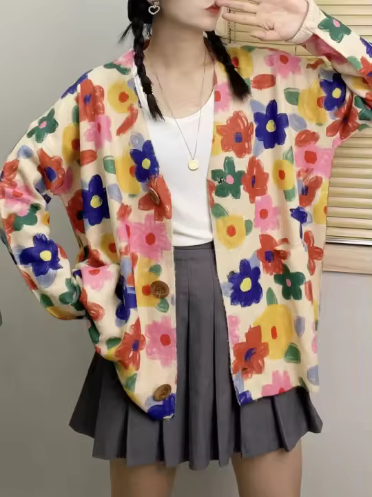 Masss-suéteres de lujo para mujer, cárdigans estampados a la moda, holgados, cálidos, florales, con cuello en V, para ocio, invierno, 2023 - 1