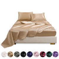 Conjunto de sábanas ajustadas lisas con satén de imitación, ropa de cama cómoda y sedoso para dormitorio, 4 unidades - details 9