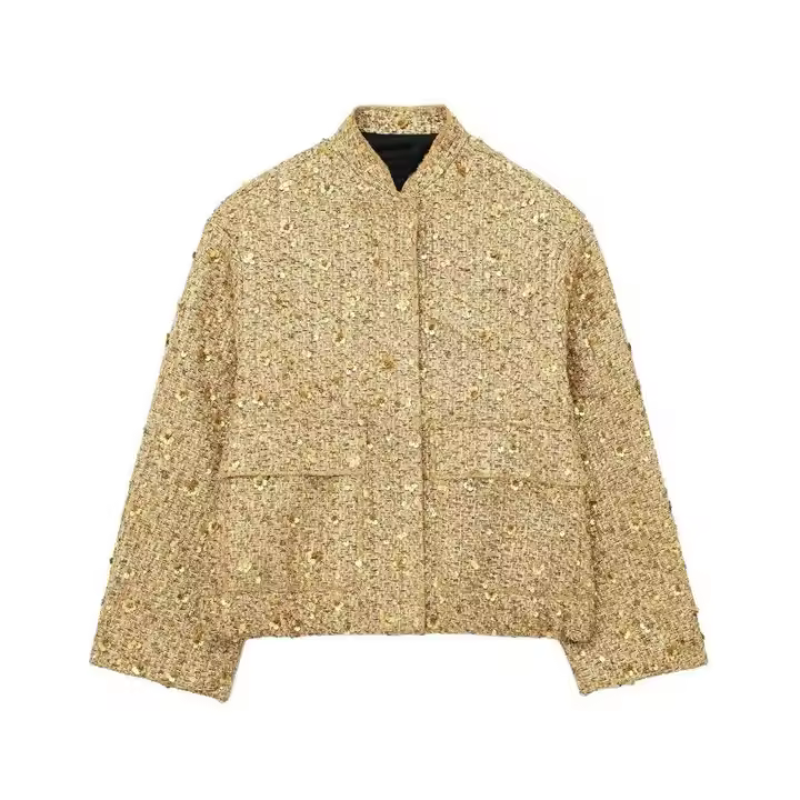 BUNO-Chaqueta Bomber con Lentejuelas para Mujer Otoño Nuevo Cuello Redondo Manga Larga Bolsillo con Solapa Lentejuelas Hilos Metálicos Decorados Estiramiento Interior Dobladillo Chaqueta Abrigo Mujer Ropa De Abrigo Elegante - 1