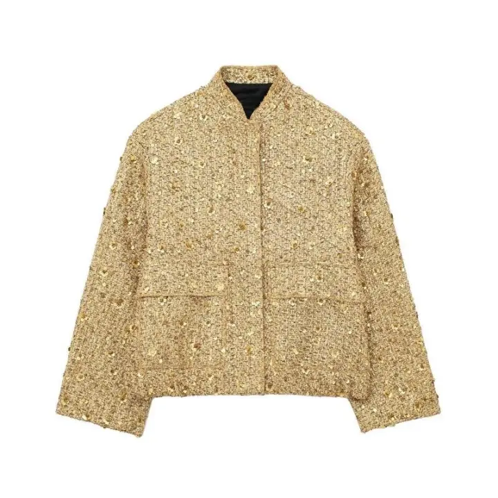BUNO-Chaqueta Bomber con Lentejuelas para Mujer Otoño Nuevo Cuello Redondo Manga Larga Bolsillo con Solapa Lentejuelas Hilos Metálicos Decorados Estiramiento Interior Dobladillo Chaqueta Abrigo Mujer Ropa De Abrigo Elegante - 1