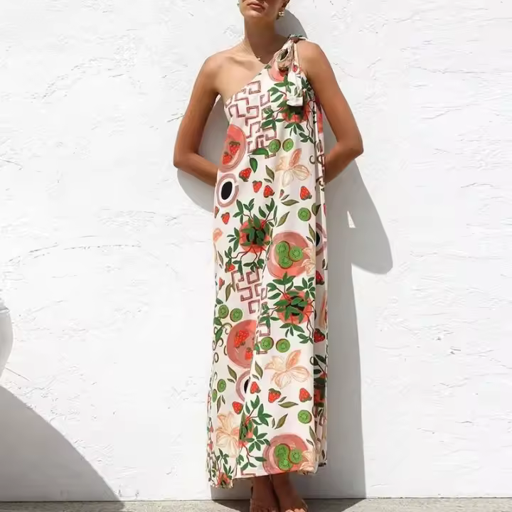 Moda ral estampado Irregular largo nuevo Primavera Verano sin mangas suelto bohemio Casual vacaciones Mujer vestido Mujer - 1