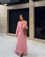 Vestidos elegantes lisos de encaje con múltiples unces, vestidos elegantes holgados con cuello de pico, batas de manga larga para mujer nueva, vestido de vacaciones para ir al trabajo de verano 2025 - details 7