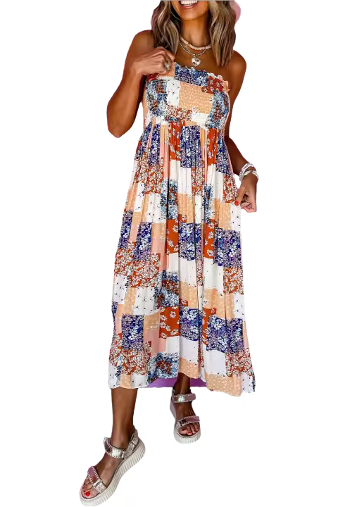 Elrachen Vestido largo de cintura alta sin tirantes con estampado floral y volantes para mujer, naranja, tallas S-XL - 1