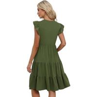 Vestido midi con cuello en V, manga de volantes de loto, empalme y bolsillo tipo péndulo para mujer 2025 - details 1