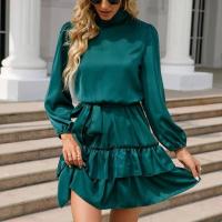 Vestido Satén con Cinturón Rojo Volantes Manga Larga, Elegante y Sensual para Mujer - details 9