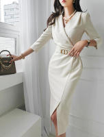 BGTEEVER-vestido ajustado elegante con cuello en V para mujer, vestido de tubo con cinturón de cintura delgada, moda de otoño - details 2