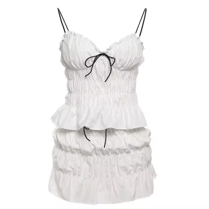 BUNO-Conjunto de 2 piezas fruncido de estilo dulce de gato extraño para mujer, camisola fruncida Sexy con cuello bajo y espalda descubierta + faldas con capas, ropa de calle de moda Y2K - 1
