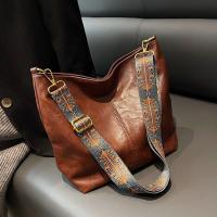 Bolso de hombro Vintage para mujer, bandolera de cuero PU de Color sólido, sencillo, con correa ancha, para ir de compras - details 6
