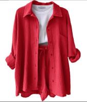 Conjunto de dos piezas para mujer, camisa de manga larga con cuello vuelto de tela arrugada, pantalones cortos con cordón de cintura alta, moda informal de talla grande - details 50