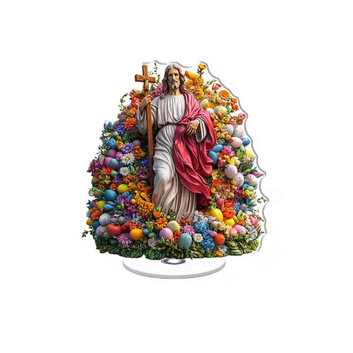 La pantalla acrílica giratoria presenta una vívida figura de Jesús con una cruz sobre un colorido pedestal floral y de huevos contraído sobre un fondo blanco brillante. - 1