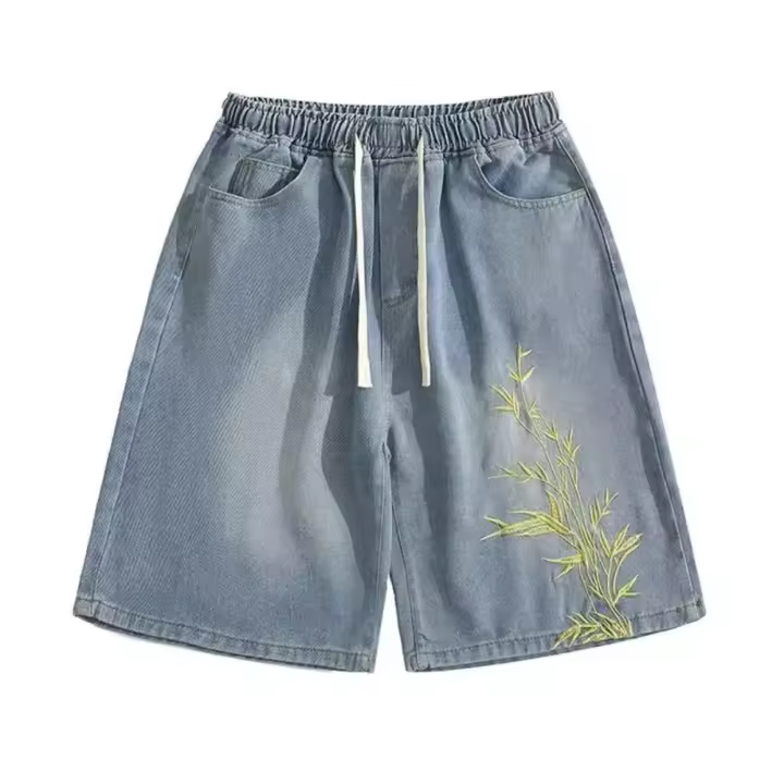 Pantalones Cortos de Bambú Bordados para Hombres en Verano Estilo Chino Ligero con Diseño Fino para Parejas Cinco Cuaros Informales Lavados de Calle de Alta Calidad - 1