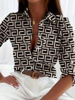 Camisa con botones de manga larga estampada con estampado de mujer, Retro, elegante, calle, oficina, moda, talla grande, solapa diaria - details 2