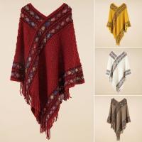 Poncho mongol con borlas de rayas rómbicas, chal de punto de estilo étnico, capa de punto, capa de Cachemira de imitación, capa superpuesta, Invierno - details 6
