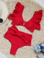Conjunto de bikini con escote en V y volantes, traje de baño de dos piezas con cintura alta y corte alto en color sólido - details 9