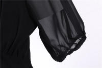 V neck women summer solid lantern short sleeve chiffon elegant vintage long party dress - details 38