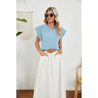 BUNO-2025 Tops para mujer, pantalón corto informal de moda de verano, camisetas básicas con textura a rayas de Color sólido y cuello redondo - details 2