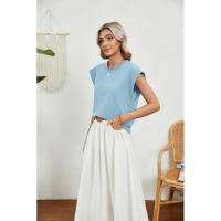 BUNO-2025 Tops para mujer, pantalón corto informal de moda de verano, camisetas básicas con textura a rayas de Color sólido y cuello redondo - details 4