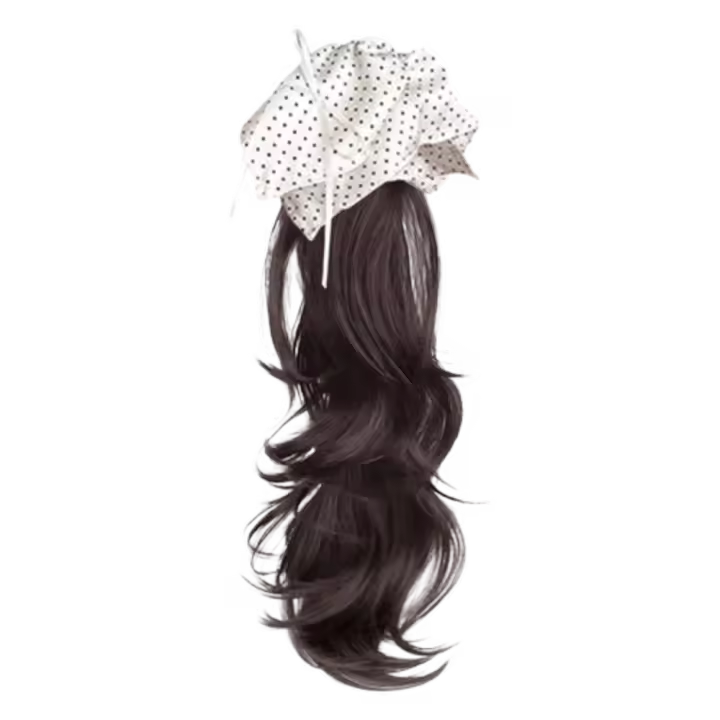 Peluca con diadema de lunares, pañuelo cuadrado, lazo bajo coreano, cola de caballo larga ondulada y rizada, postizo de cola de caballo natural y esponjoso para niñas - 1